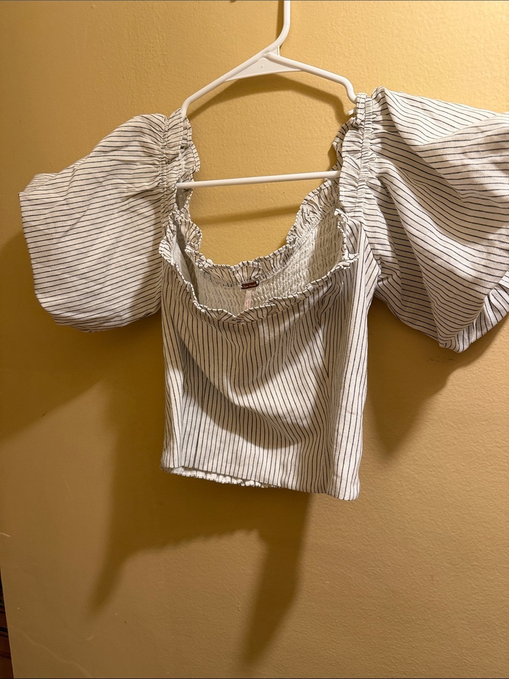 Free People Striped Puff-Sleeve Square Neck Crop Top - White with Black Stripes